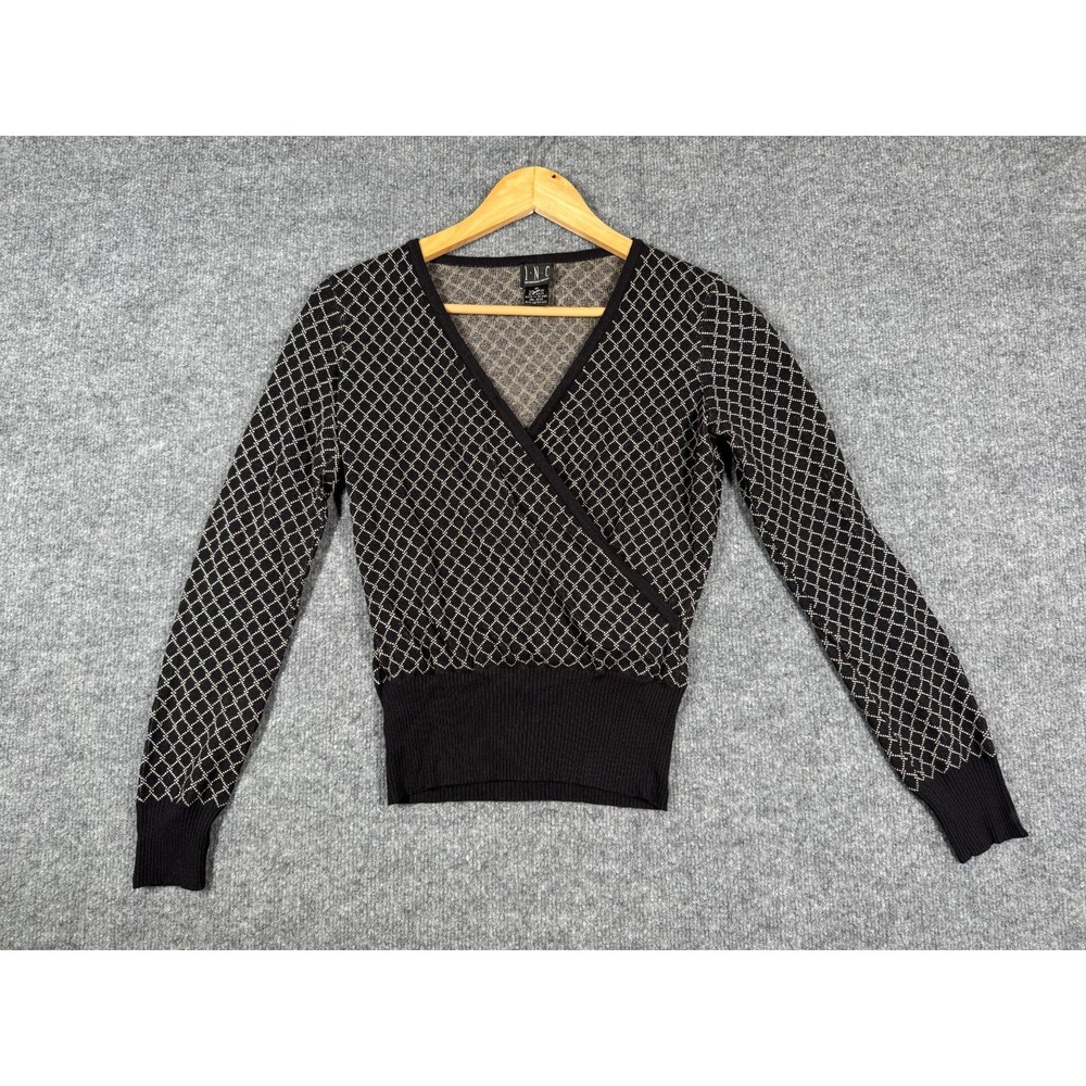 INC International Concepts Wrap Sweater Womens Medium Black White Rayon Pullover